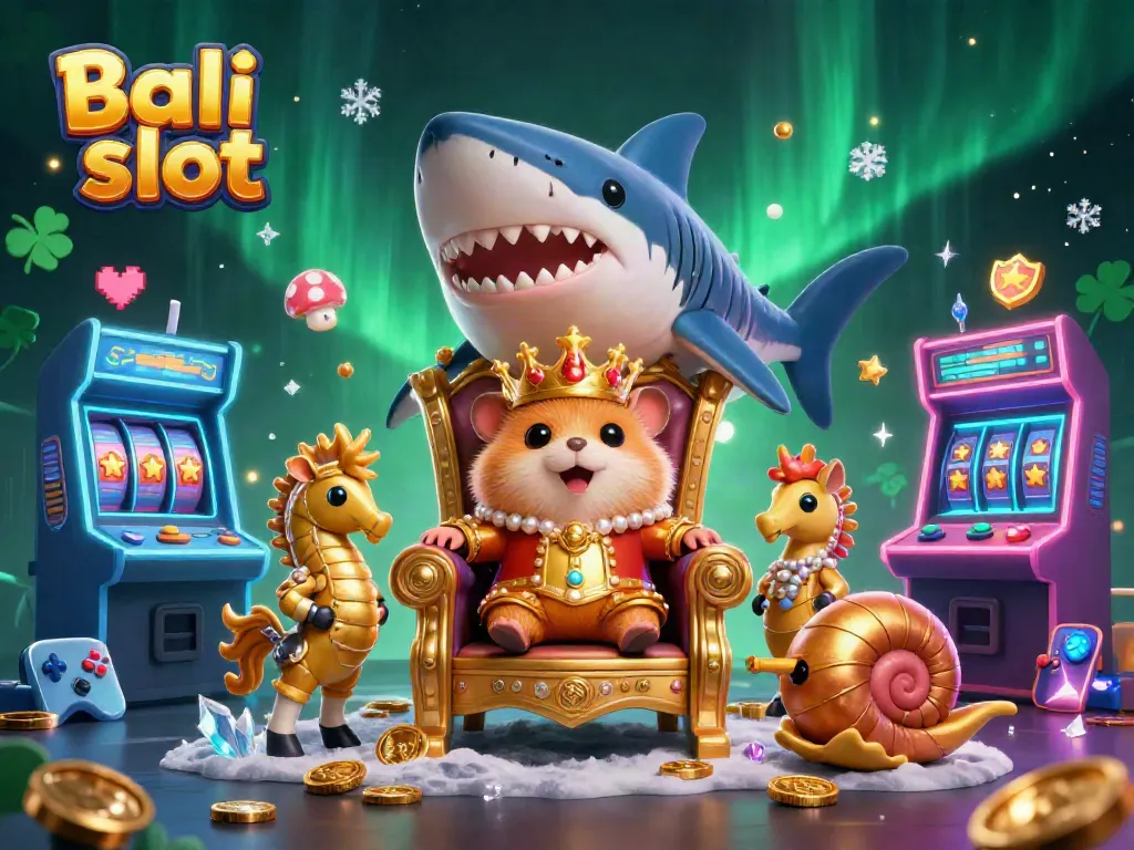 Experience thrilling adventures in Bali slot with an animated golden hamster king atop megalodon tooth, showcasing fun casino elements.