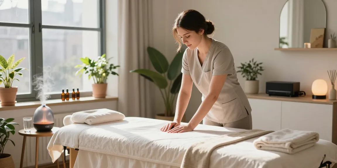 Relaxing in-home massage setup showcasing 종로출장안마 services with a therapist preparing a tranquil environment.