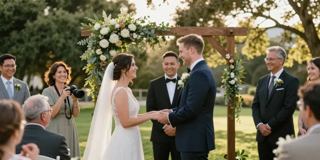 Emotional moment captured by a documentary wedding photographer in Dunedin, couple exchanging vows in a scenic outdoor setting.