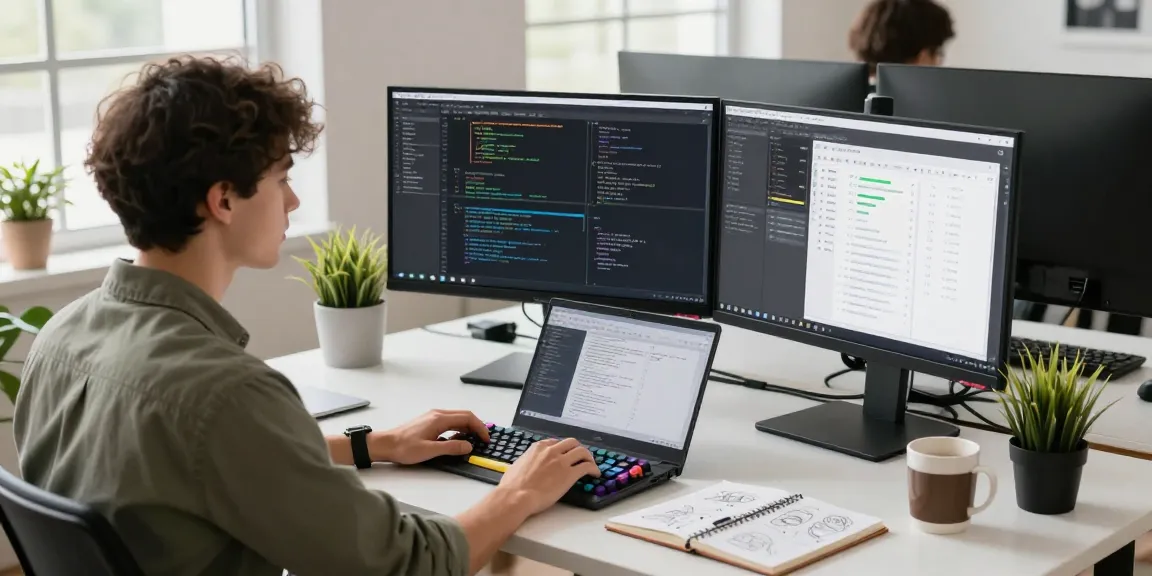 Developer coding at a modern workspace on teiegramin.com, showcasing productivity and creativity.