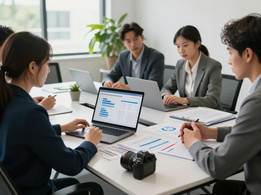 Business analysis of meta agency ad accounts rent with a team discussing ad strategies.