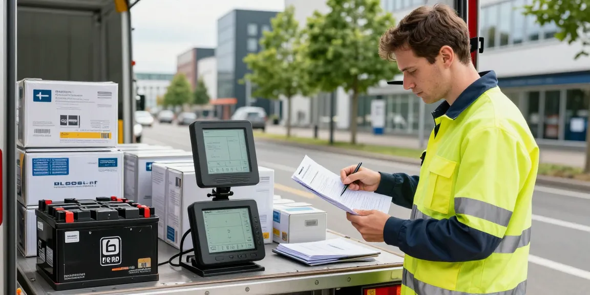 Batterie Transport in Dortmund: Professioneller Fahrer bereitet sich auf den sicheren Transport von Lithium-Batterien vor.