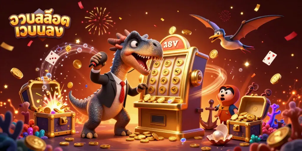 Experience รวมสล็อตเว็บตรง as a pachycephalosaurus wins jackpot coins from a golden slot machine.