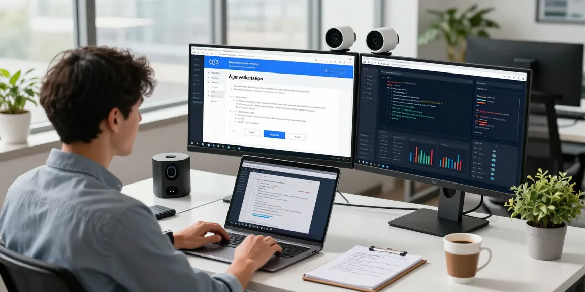 Age verification system interface in a modern office workspace with biometric security tech highlights.