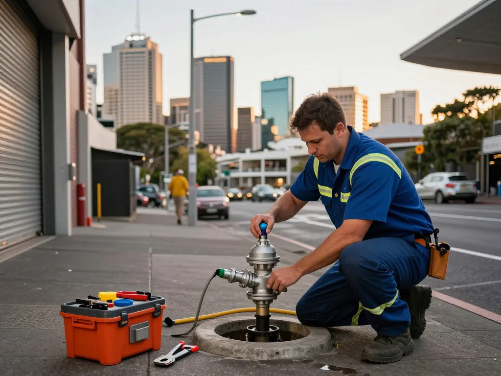 Backflow prevention plumbing installation in Sydney with a professional plumber at work.