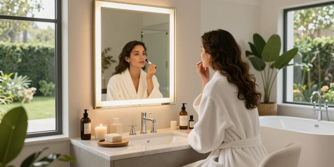 Beautiful bathroom vanity scene featuring a woman applying makeup with elegant decor and natural light.