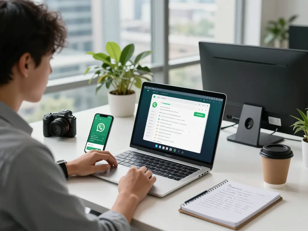 专业用户在现代办公室内使用笔记本电脑与WhatsApp网页版进行互动。