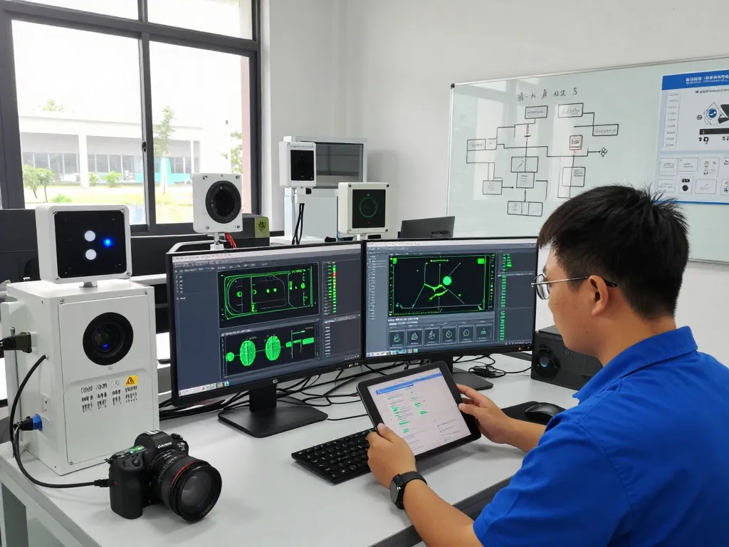 Automation technology workspace showcasing Hải Phòng Tech sensors and analytics in action