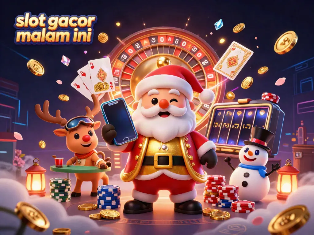 Permainan slot gacor malam ini dengan Santa dan teman-temannya merayakan jackpot di kasino.