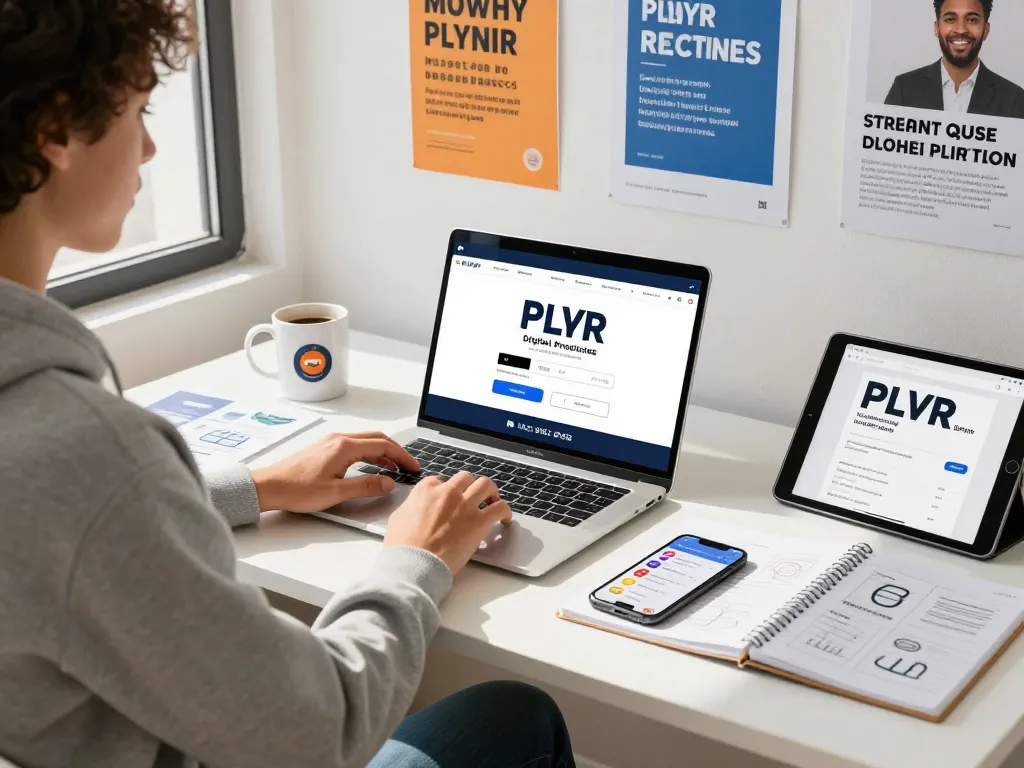 Entrepreneur reviewing PLR digital products for sale in an inviting workspace with motivational decor and tech gadgets.