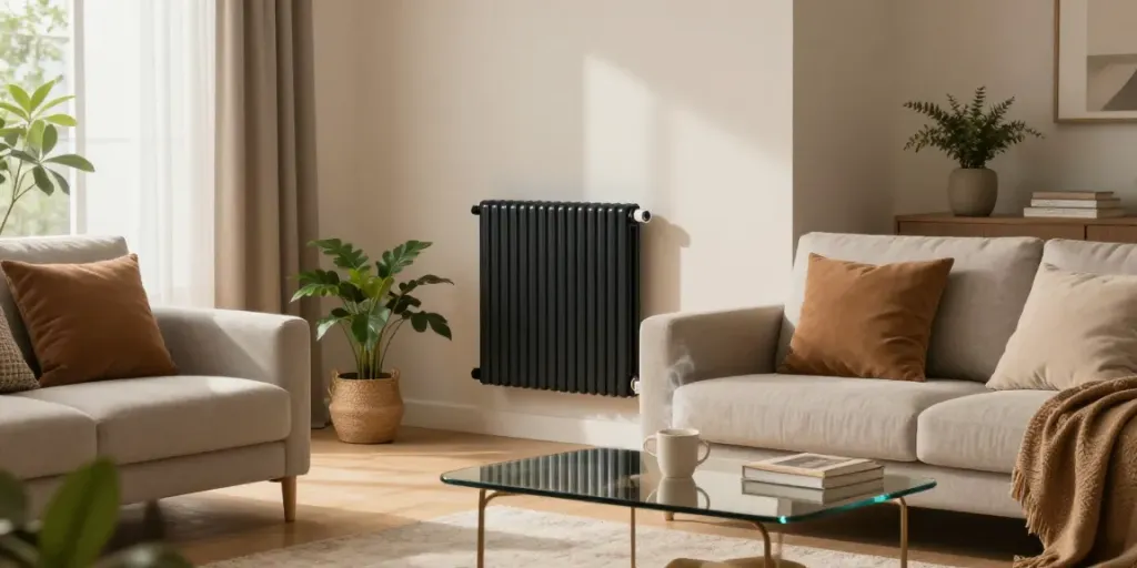 Stylish electric radiator in a modern living room ambiance, creating warmth and comfort.