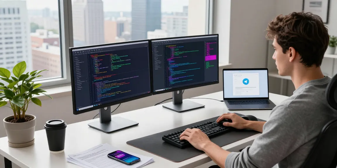 Dynamic tech workspace with a developer coding Telegram's interface, emphasizing 纸飞机中文版 and a modern aesthetic.