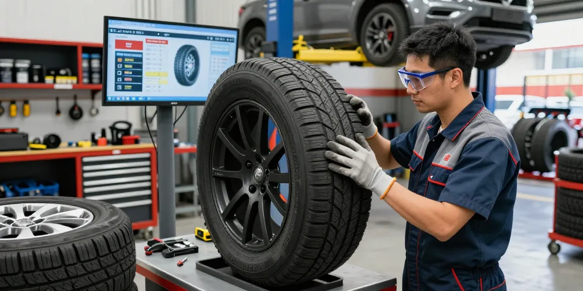 Mechanic inspecting a Double Coin RR99 tire in a modern automotive garage.