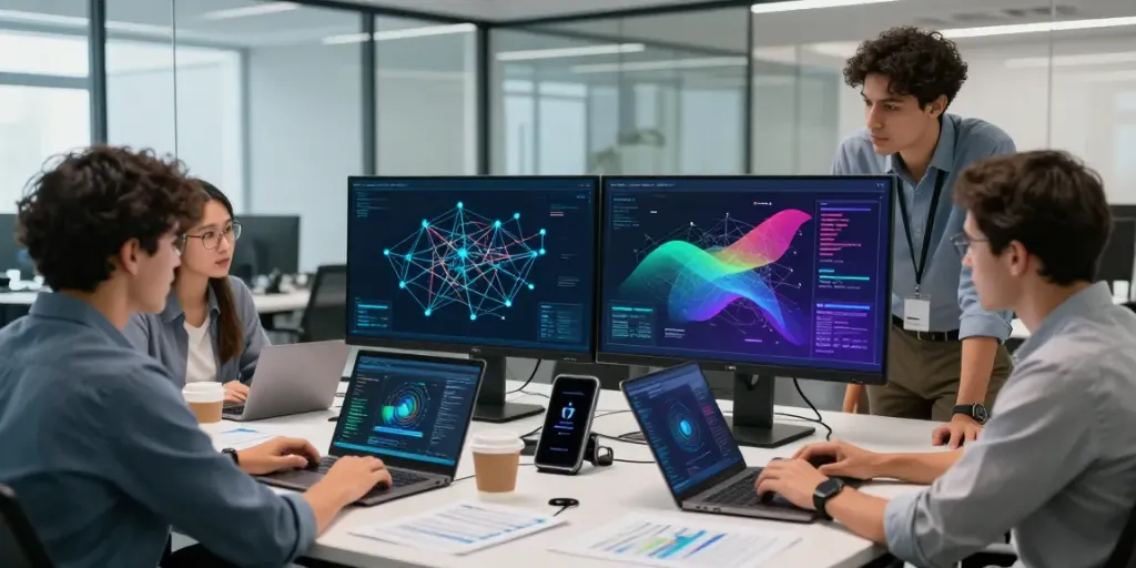 Team discussing IoT security solutions in a modern cybersecurity workspace, showcasing collaborative analysis and threat monitoring.