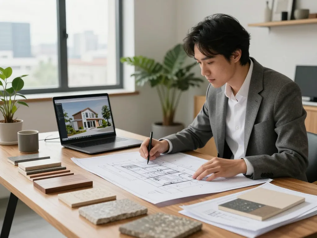 Architect reviewing house designs at a modern workspace with blueprints and 3D models, showcasing innovative home design.