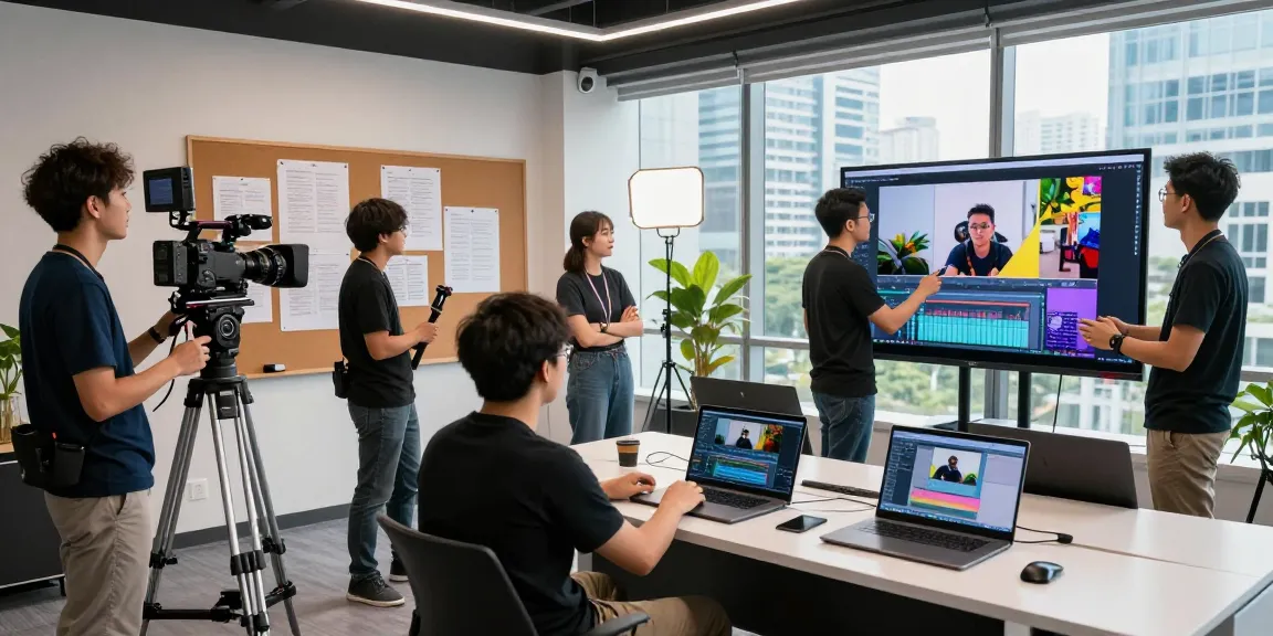 Team collaborating on Singapore Corporate Video Production in a modern studio with cameras and scripts.