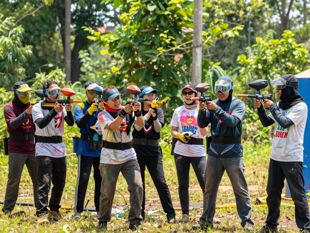Exciting team building jogja paintball activity with diverse participants in lush forest.