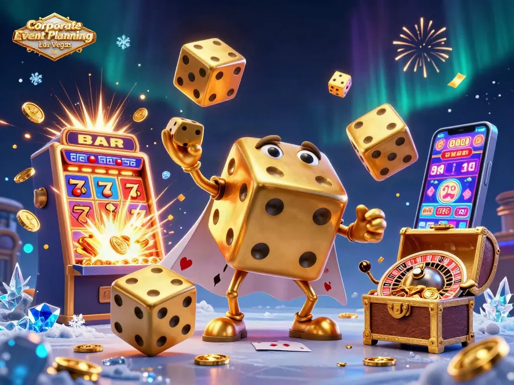 Engaging scene showcasing Corporate Event Planning Las Vegas with a golden dice golem and dynamic gambling elements.