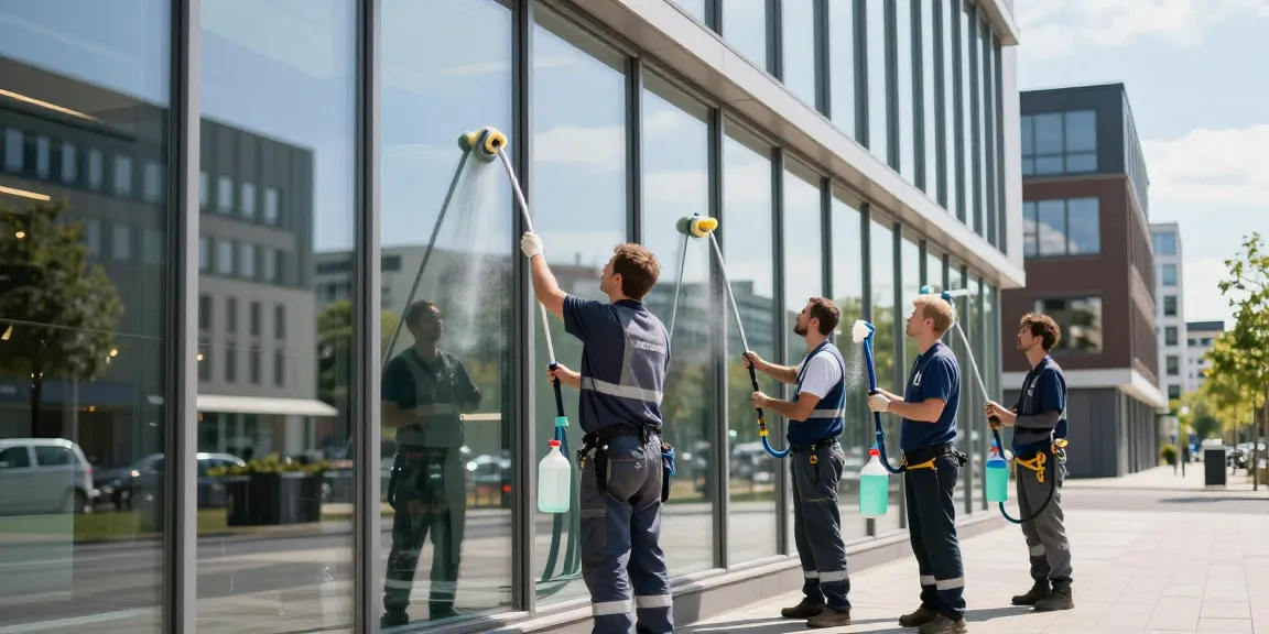 Reinigungsunternehmen Dortmund Reinigungsteam bei der Glasreinigung in Dortmund mit professionellen Utensilien.