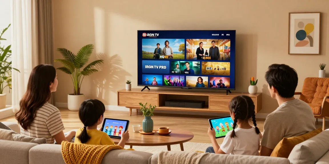 Family enjoying IRON TV PRO streaming on Smart TV in HD & 4K