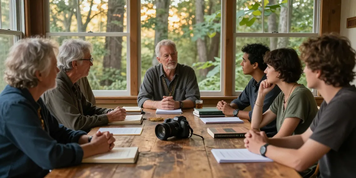 Readers exploring spiritual themes from UFOnauts on https://tallengreenfield.com in a warm, inviting setting.
