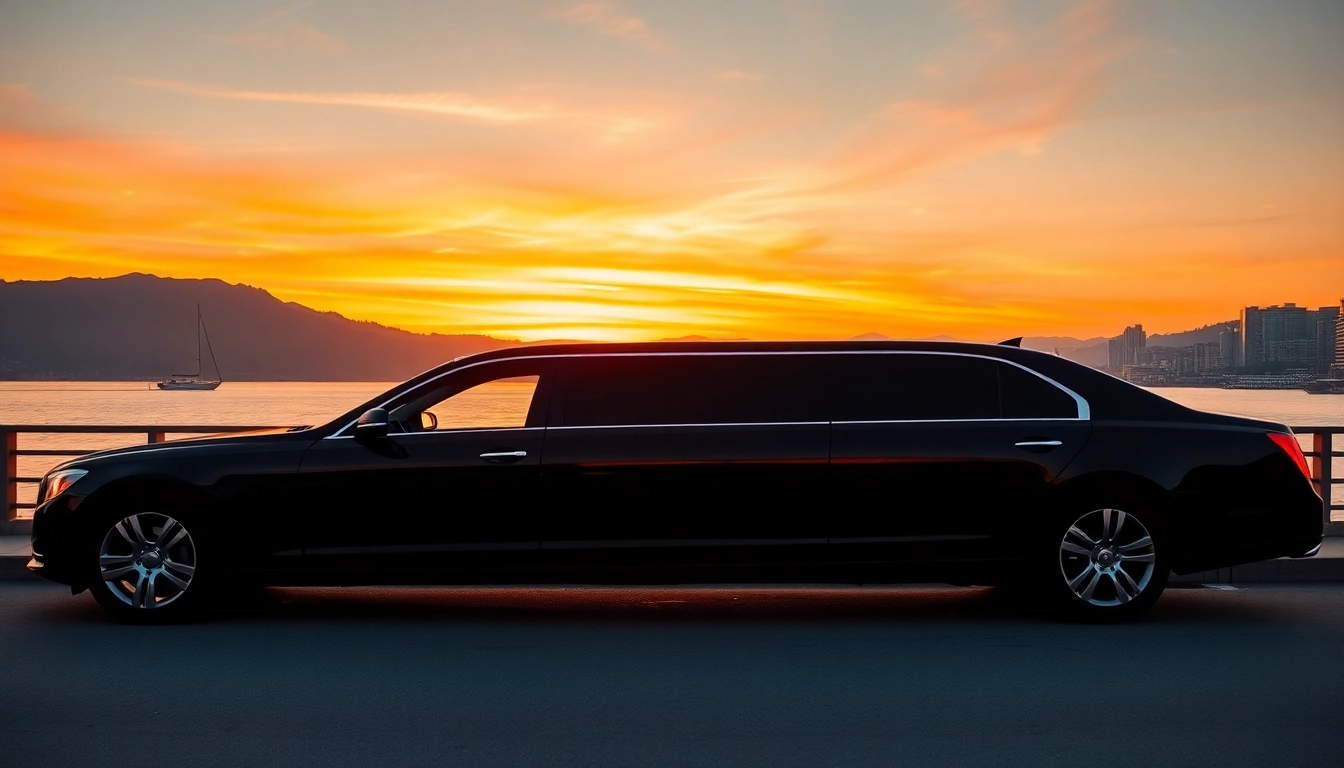 Experience high-end limo service vancouver to seattle with a sleek black limousine against a vibrant waterfront backdrop.