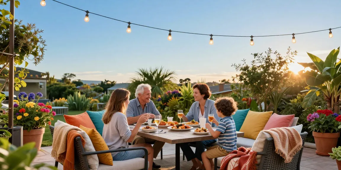 Family gathering around stylish outdoor seating furniture with vibrant cushions and cozy ambiance.