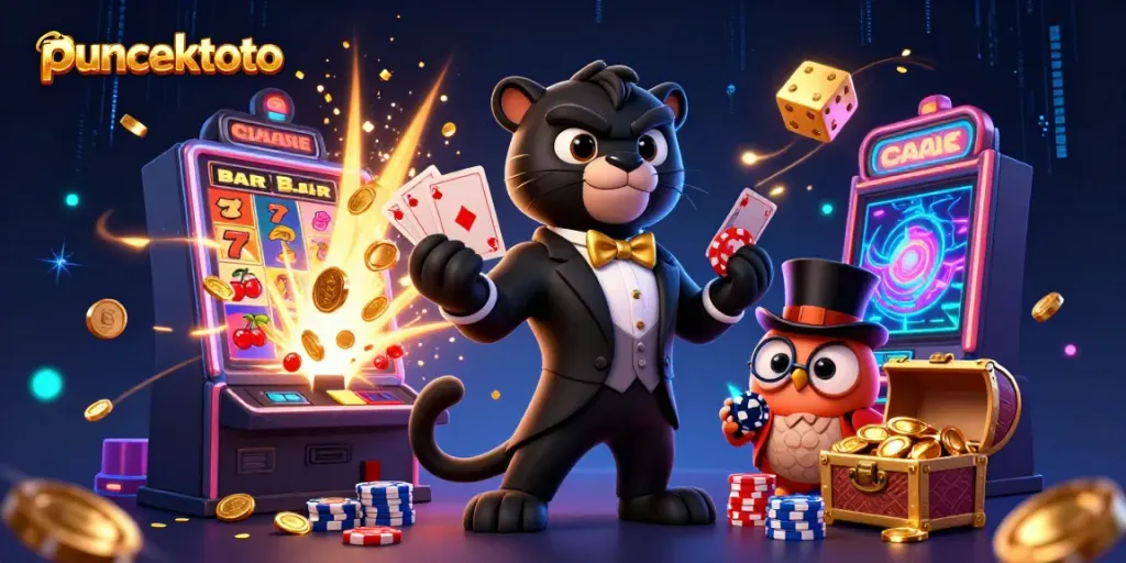 Puncaktoto: Karakter kasino elegan dan gemerlap simbol jackpot dalam suasana menyenangkan.