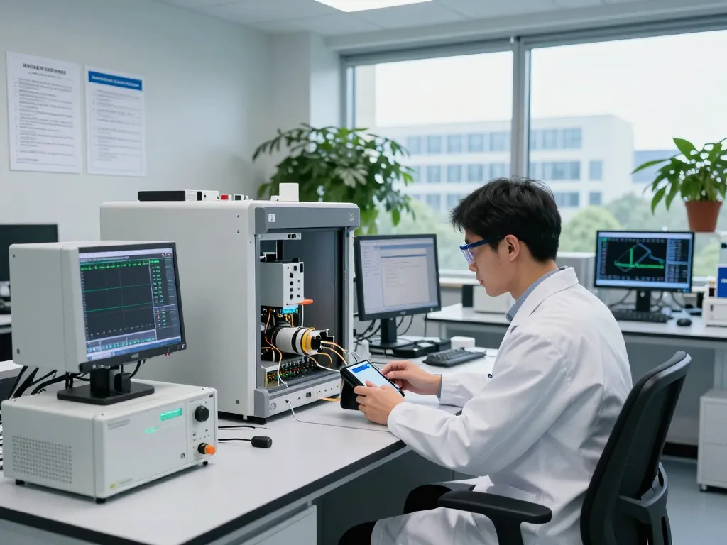 Engineer conducting CE marking compliance tests in advanced EMC lab.