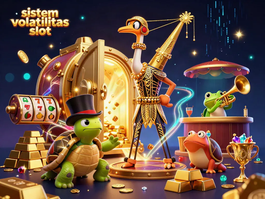 Menggali sistem volatilitas slot dengan karakter kasino ikonik dan elemen permainan yang berkilau.