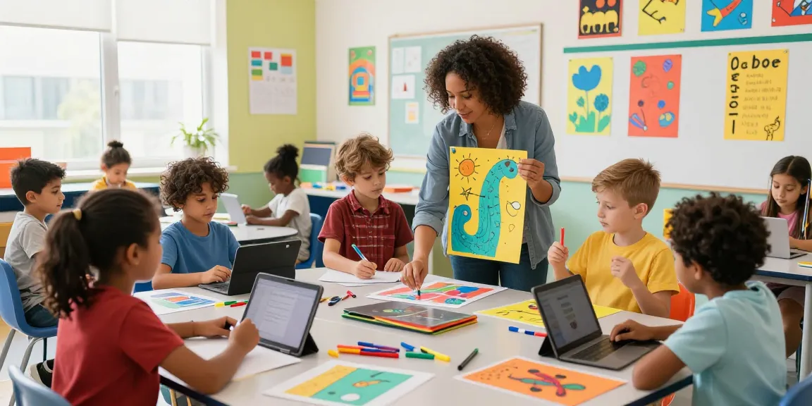 Students using a poster maker for schools to create vibrant classroom displays.