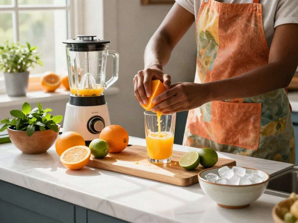 Person squeezing oranges for Camino freshly squeezed juice in a bright kitchen with vibrant fruits.