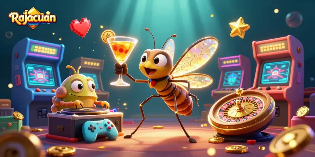 Spin to win with Rajacuan's vibrant casino scene showcasing exciting game elements and characters.