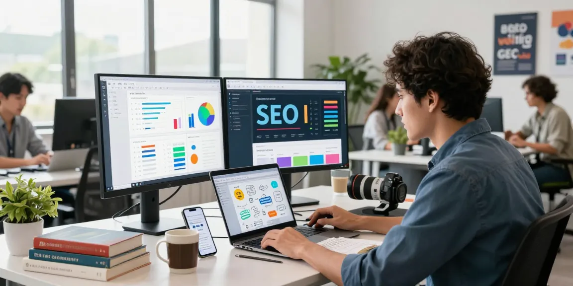 SEO specialist analyzing trends at https://www.www456bd.com/ in a vibrant marketing workspace.