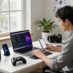 Innovative tech gadgets showcased in a modern workspace with a laptop, Bluetooth keyboard, and smartphone notifications.