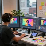 A digital artist using an image to prompt tool in a vibrant workspace filled with art supplies and multiple screens.