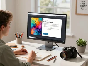 User engaged with an image to prompt ai generator displaying vibrant uploaded image alongside suggested prompt in creative workspace.
