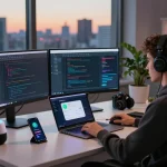 ClawdBot workspace with developer using AI assistant, multiple screens, and a smartphone.