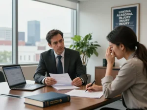 Alexandria personal injury lawyer consulting with a distressed client in a modern law office setting.