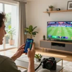 Person engaged in live betting with llwin app in a stylish home environment, showcasing excitement during a sports event.