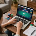 Player strategizing in an online poker game with Rajampo link alternatif on the screen.