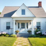 View of beautiful Cape Cod home with classic architecture and blooming gardens.
