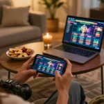 Person enjoying mobile gambling on o8casino app in a cozy home environment with snacks and drinks.