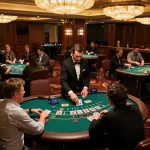 Players strategizing in a live casino setting at ALO8, with dealers distributing cards and engaged gameplay
