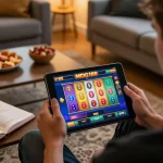 Playing MDG188 slot games on a tablet, showcasing interactive interface in cozy home setting