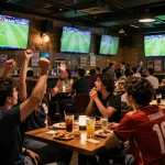 Fans cheering while watching live soccer match on Luongsontv in a vibrant sports bar atmosphere.
