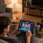 Engaging with trang chủ mb66 on a tablet in a cozy living room setting, showcasing online gaming.