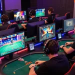 Engaged players enjoying IDN poker in a vibrant online gaming setup with modern tech and lively atmosphere.