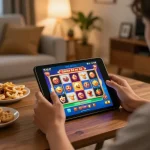 Engaging in Game bài nổ hũ online while enjoying a cozy home environment with snacks.
