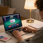 Engaging in online blackjack at 23win, showcasing strategic play in a comfortable home setting